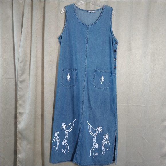 My Choice Vintage 90's Denim Maxi Jumper Dress With Tribal Figures Size … - Picture 2 of 9